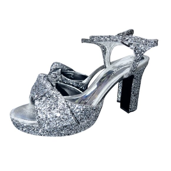 Kate Spade Miya Leather Sandals Shoes Silver Glitter Sparkle Sz 9 B Womens 4" He - Picture 1 of 16